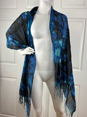 Blue & Teal Floral Fringe Shawl Wrap